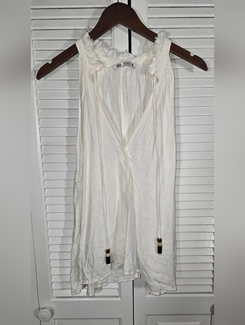 Zara Off White Linen Blend Deep V Ruffled Beaded Tie Front Flowy Top M